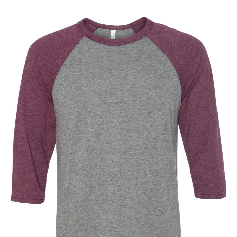Bella + Canvas unisex 3/4 sleeve baseball raglan tee Color: Grey/Maroon Triblend